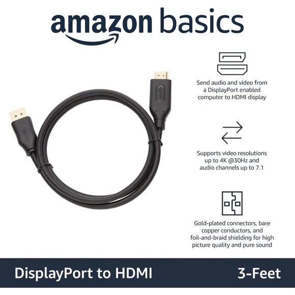 Amazon Basics DisplayPort (Source) to HDMI (Display) Cable, Uni-Directional 3 Ft - Picture 2 of 7